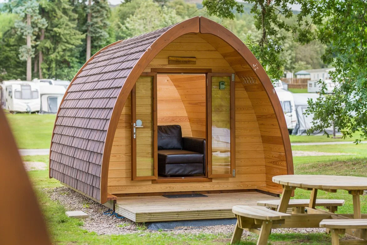 Blair Castle Caravan Park Pods. glamping in the Cairngorms National Park