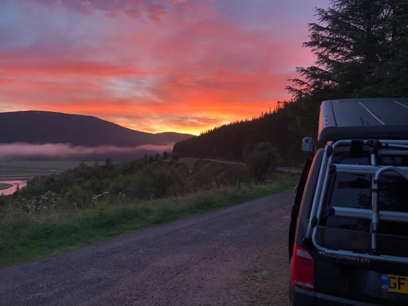 Campervan in Cairngorms at sunset; photo by Chris Ridley-Smith