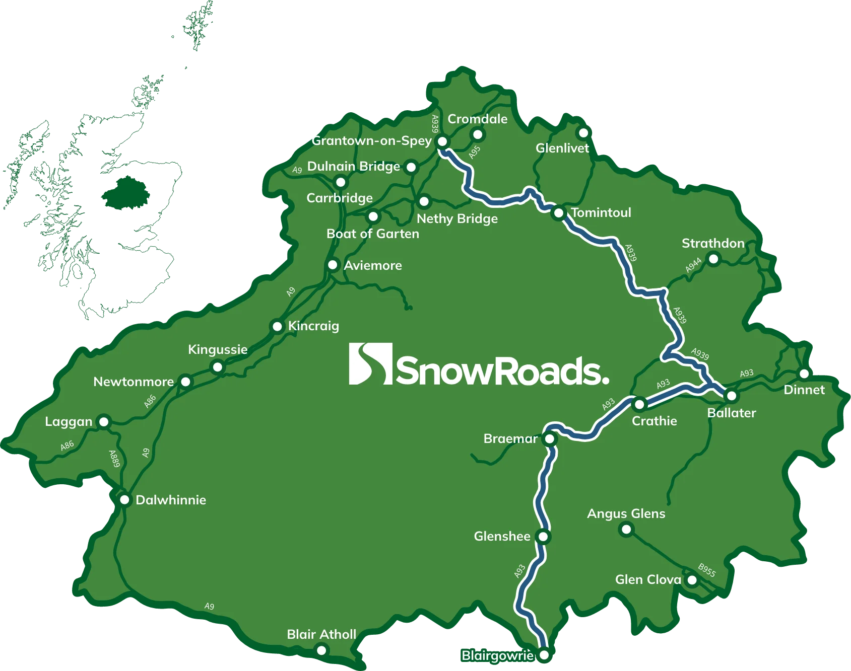 Map showing the Snowroads route